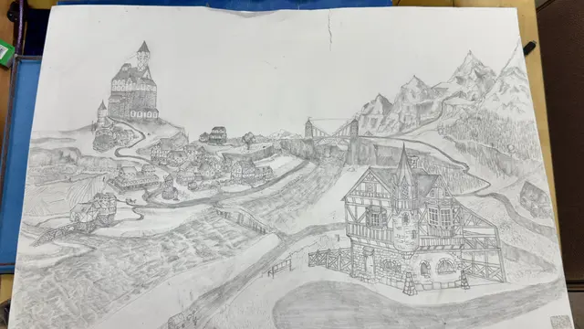 Pencil drawing of a medieval town with a castle, bridge and mountains