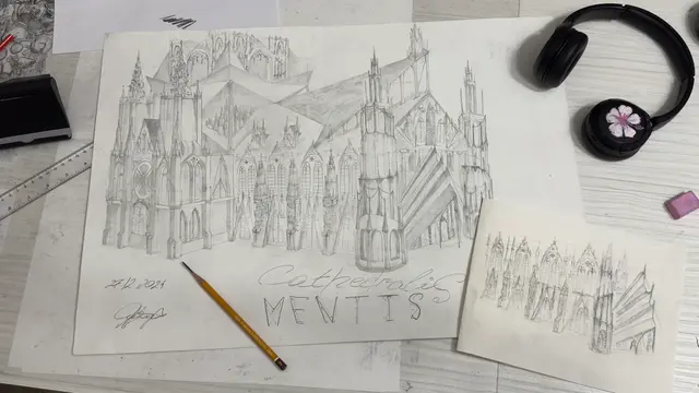 Pencil drawing of an invented gothic cathedral titled Cathedralis Mentis