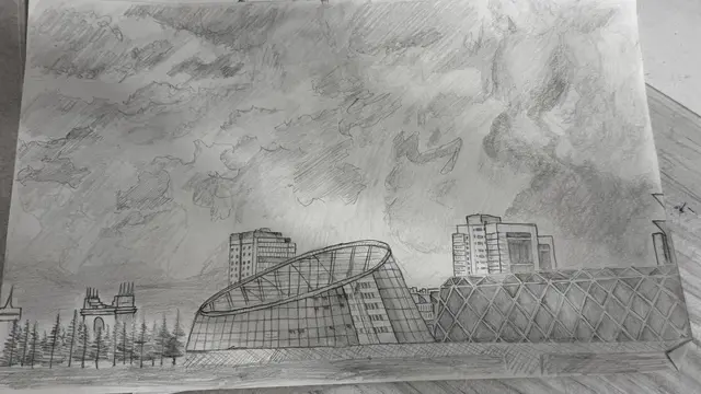 Pencil drawing of an Astana cityscape under a stormy sky