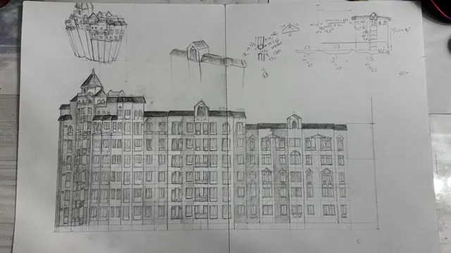 Pencil elevation study of an apartment building with construction notes