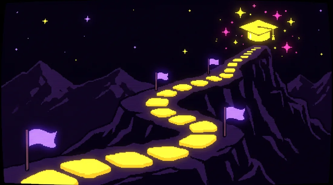 Pixel art of a glowing path leading to a graduation cap