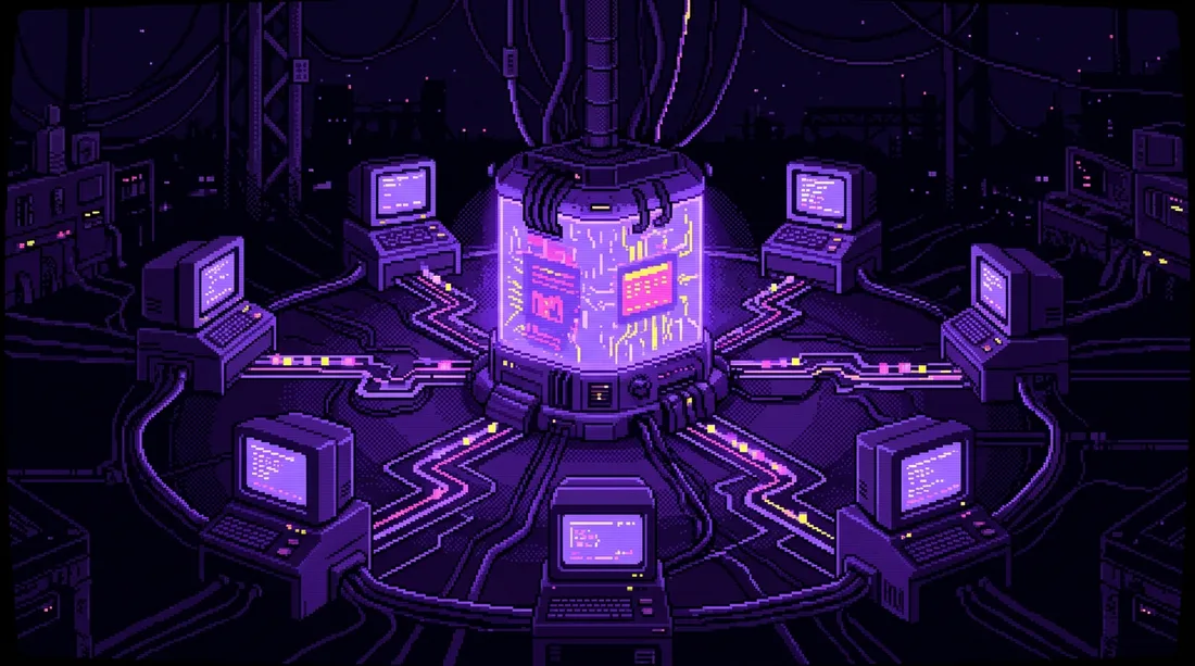 Pixel art of one glowing core connected to five terminals